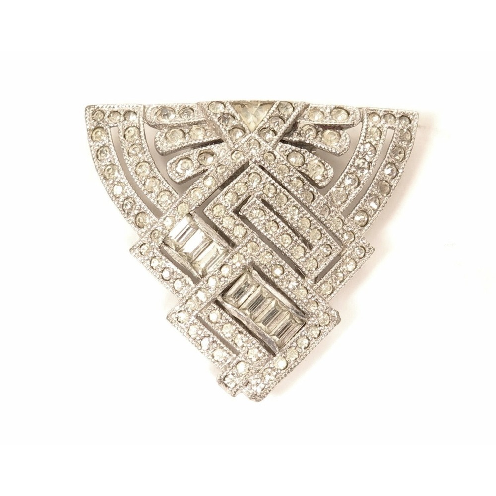 Art Deco Sparkly Clear Rhinestone Vintage Silver Dress Clip Buckle Patent*L28